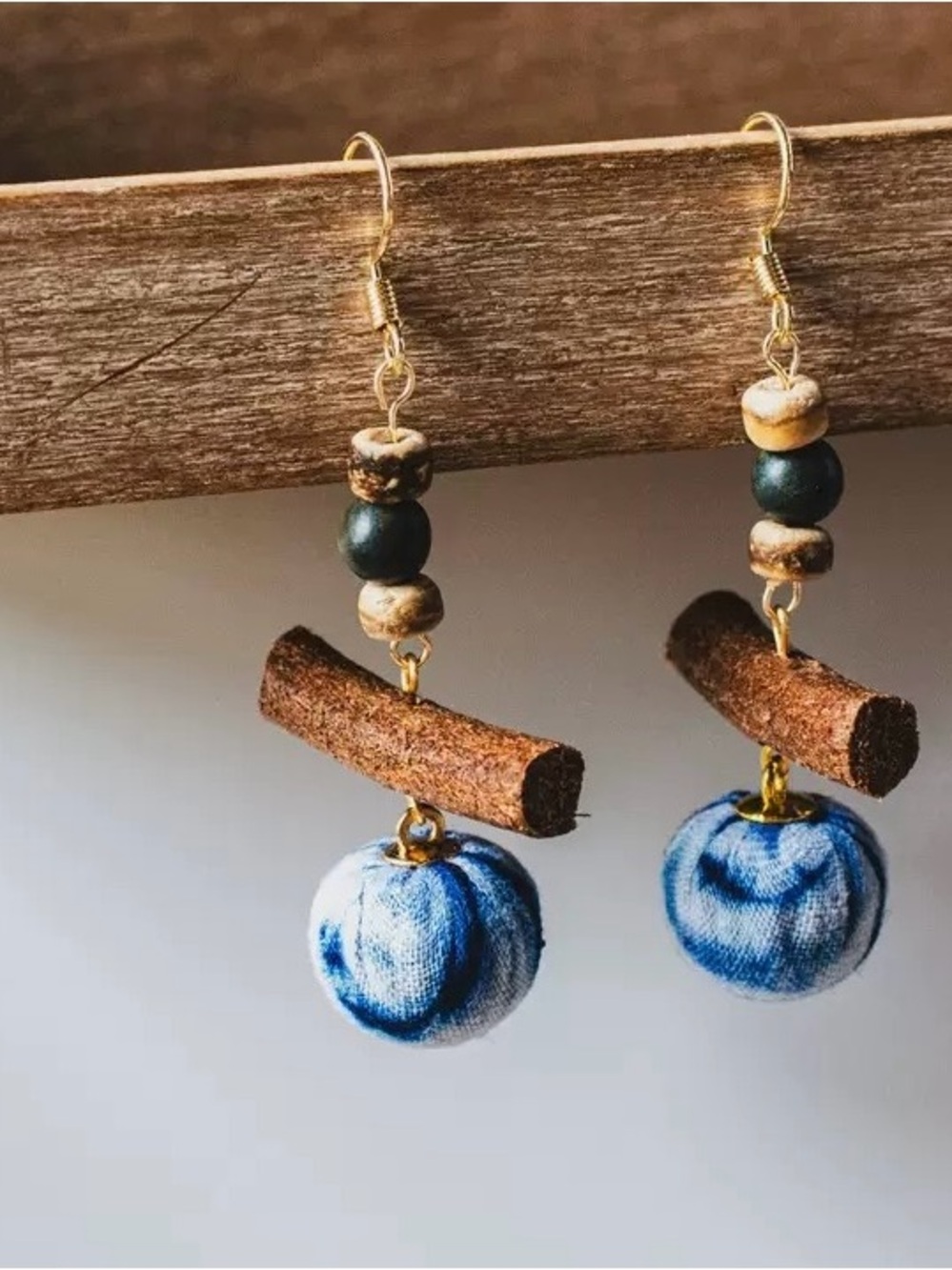 Boho Blue Fabric Ball and Wood Dangle Earrings - Women Jewelry